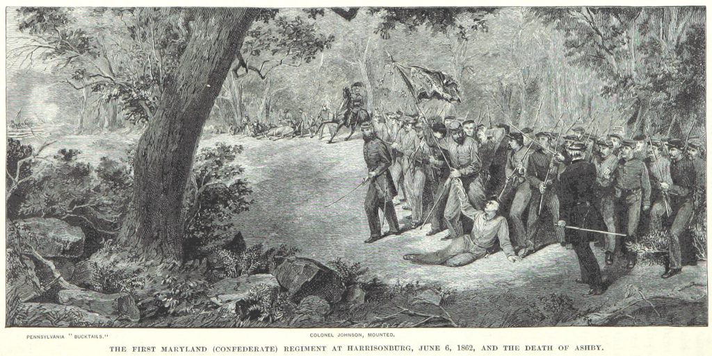 Illustration showing the death of General Turner Ashby at Good’s Farm.