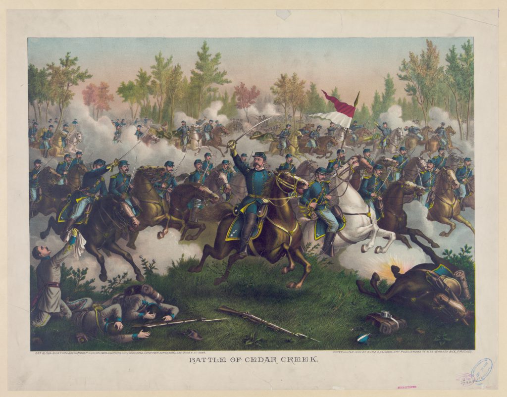 Illustration of the Battle of Cedar Creek made in 1890 and published by Kurz & Allison.