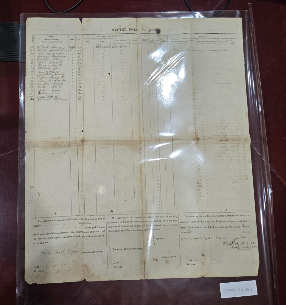 Here you can see this oversized muster roll has been unfolded and laid flat within a protective sleeve. You can see the yellow stains from tape and it is easy to see the wear patterns on the document along the folds. This is why it is best to store documents flat.