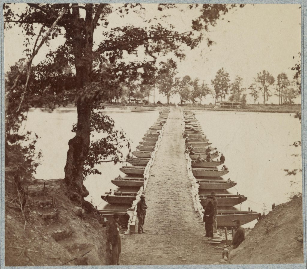 Pontoon bridges across James River at Deep Bottom and Varina, Virginia.