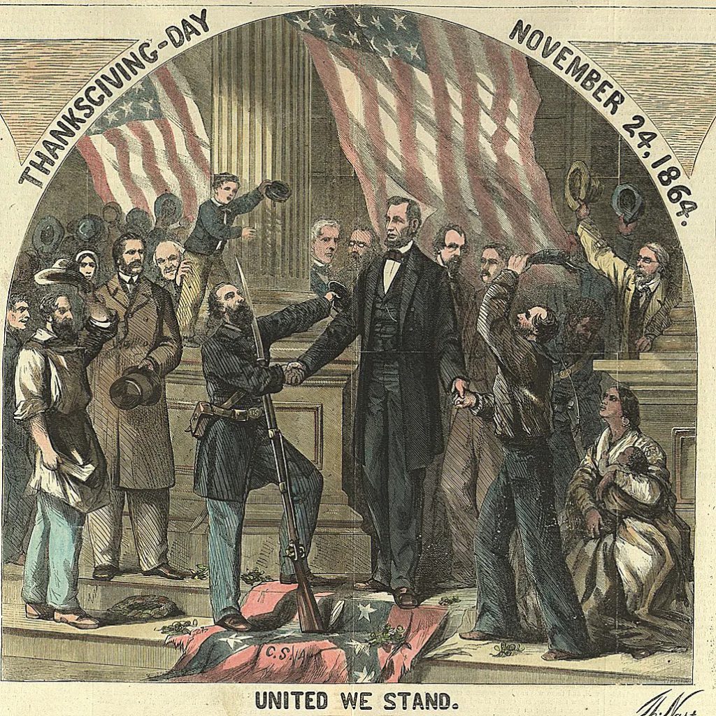 Image from Harper's Weekly depicting President Lincoln's Thanksgiving Proclamation in 1864. The proclamation was issued on October 3, 1863, making the Thanksgiving of 1863 the first official national celebration of the holiday.