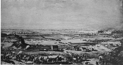 Painting of the Battle of Goldsboro Bridge made by Merrill G. Wheelock, a soldier in the 44th Massachusetts Infantry via Wikimedia Commons.