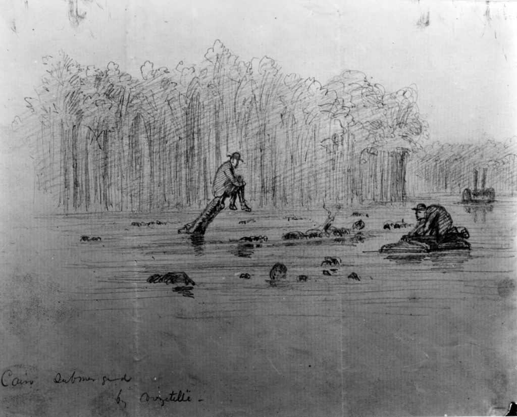 Sketch of the ship's wreck, entitled Cairo Submerged, probably depicting the scene immediately after she was sunk by a Confederate mine in the Yazoo River, Mississippi, on 12 December 1862. Note men sitting on projecting timbers and swimming in the water nearby. Courtesy of Mrs. A. Hopkins, 1927. U.S. Naval History and Heritage Command Photograph.