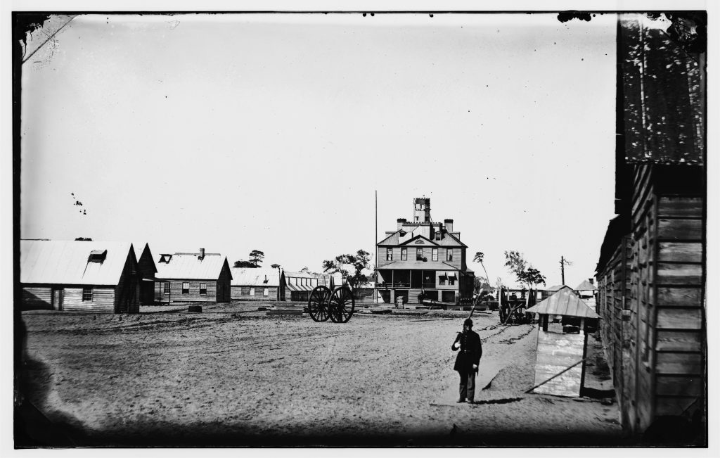Unidentified camp at Morris Island taken in 1863.