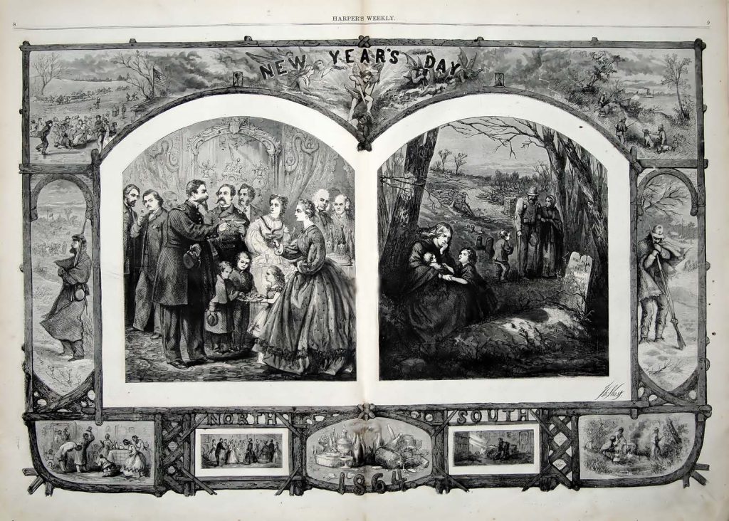 Illustration of New Year's Day by Thomas Nast for the January 1864 Harper's Weekly issue.