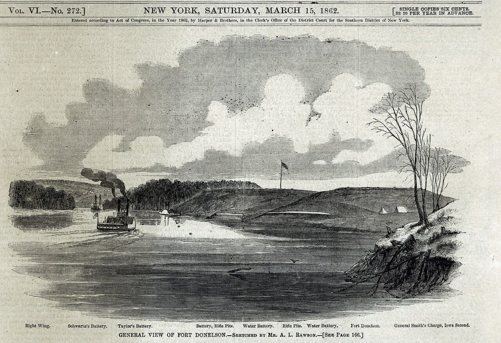 Illustration of Fort Donelson after it’s capture by A. L. Rawson for Harper’s Weekly.