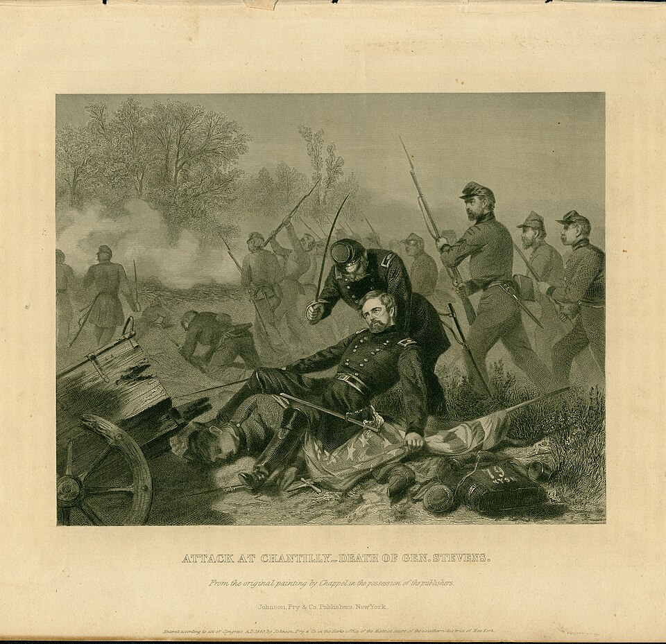 Illustration depicting the death of General Stevens at the Battle of Chantilly.